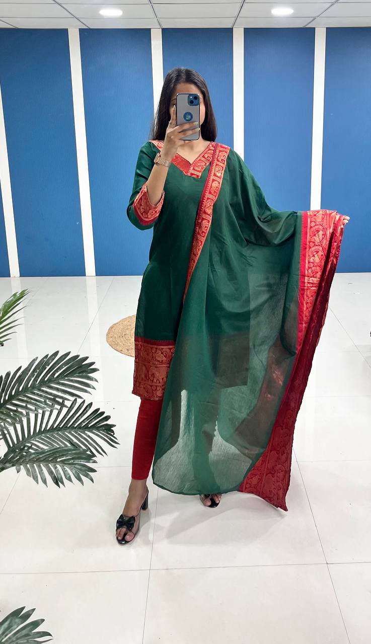 Bottle Green Cotton Kurti Set with Maroon Tone Border – A Perfect Blend of Tradition and Style