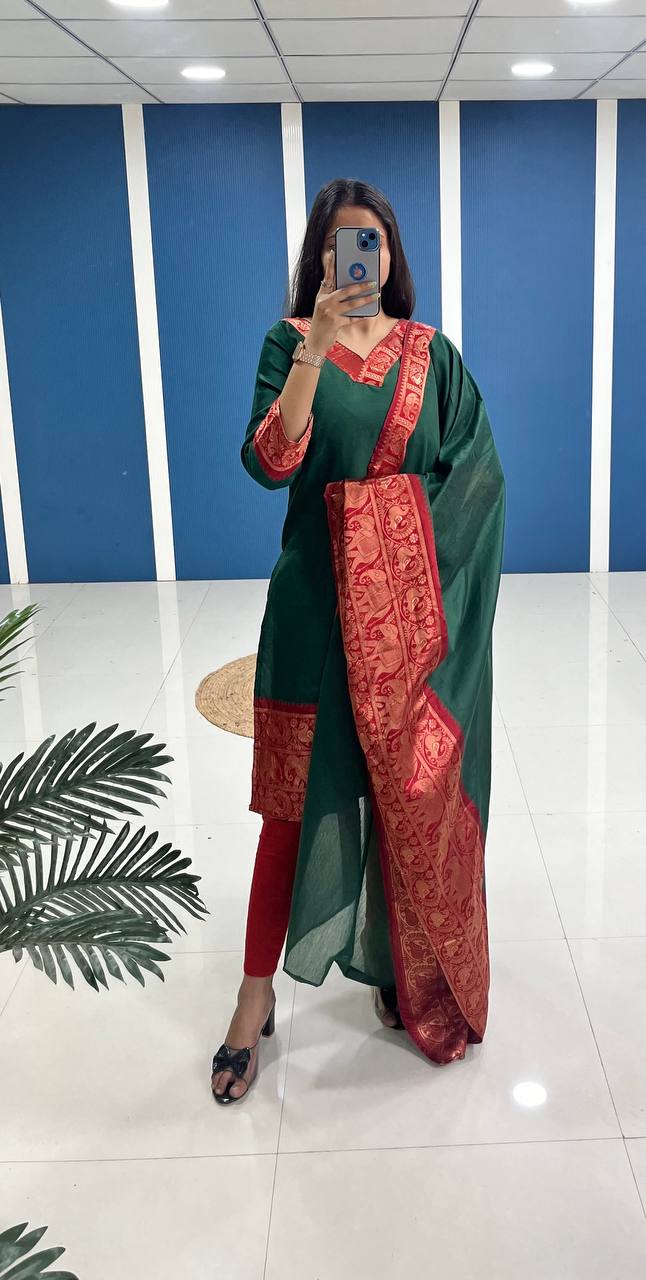 Bottle Green Cotton Kurti Set with Maroon Tone Border – A Perfect Blend of Tradition and Style