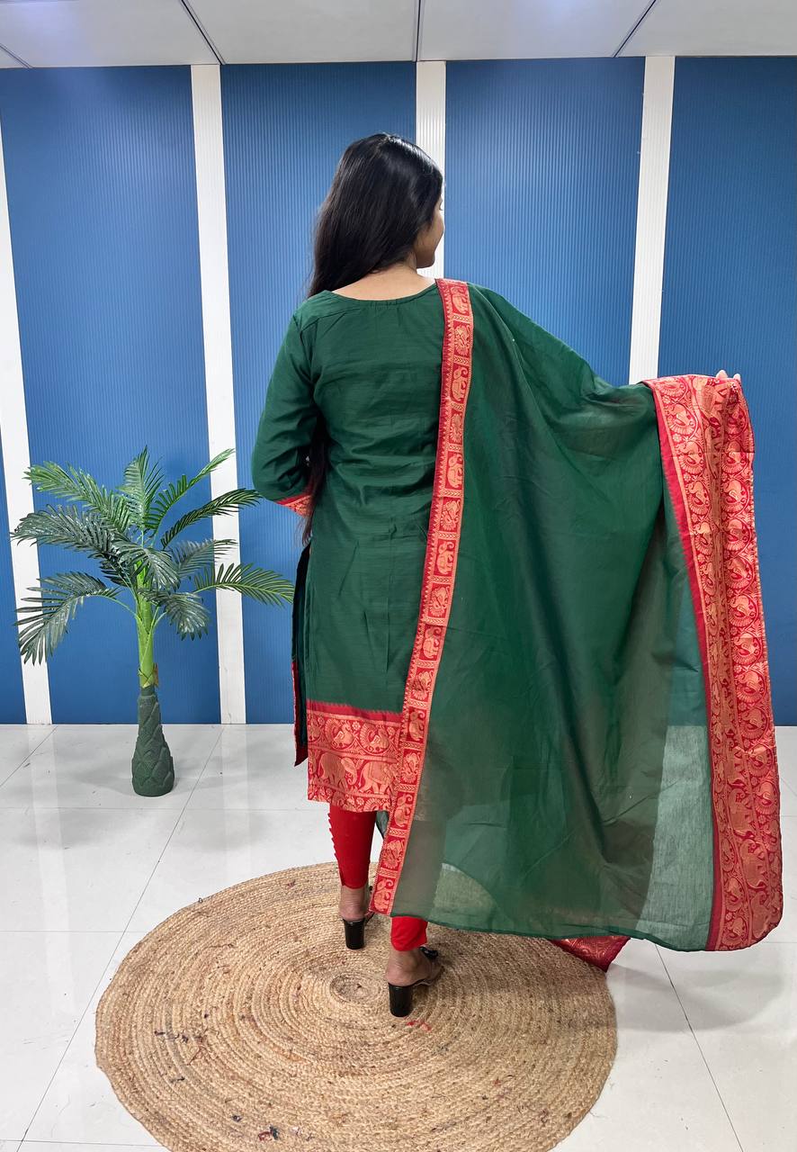 Bottle Green Cotton Kurti Set with Maroon Tone Border – A Perfect Blend of Tradition and Style