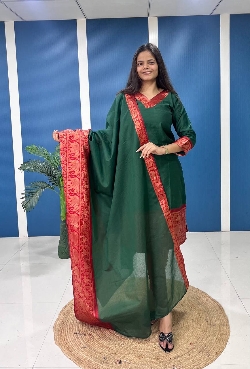 Bottle Green Cotton Kurti Set with Maroon Tone Border – A Perfect Blend of Tradition and Style