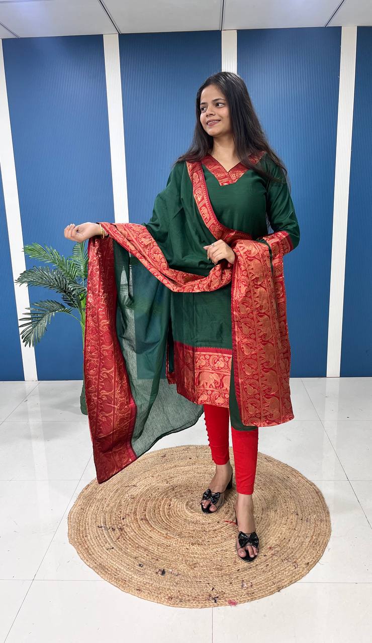 Bottle Green Cotton Kurti Set with Maroon Tone Border – A Perfect Blend of Tradition and Style