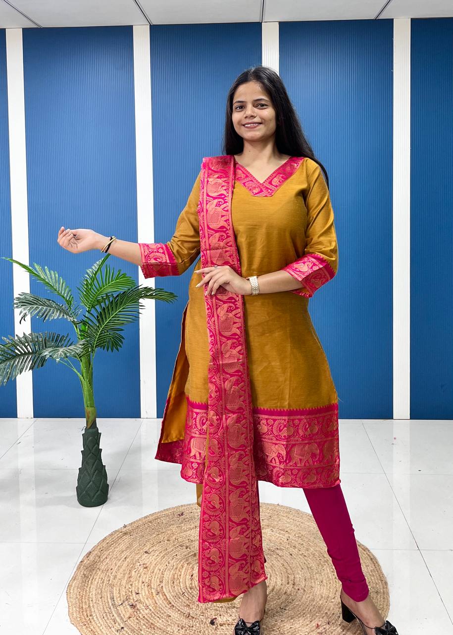 Silk Cotton Kurti and Dupatta Set with Intricate Weaving Work.
