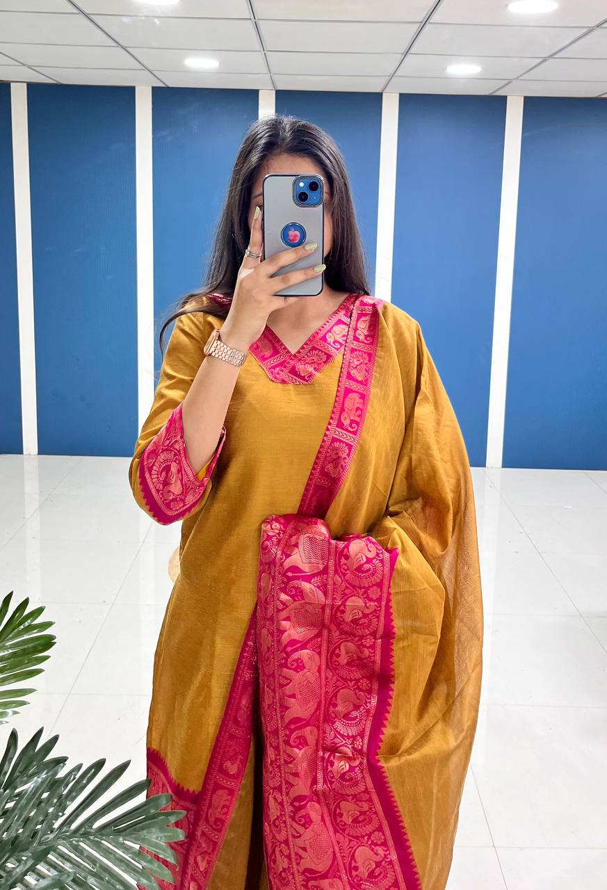 Yellow Cotton Kurta Set with Pink Border – Bold and Beautiful.