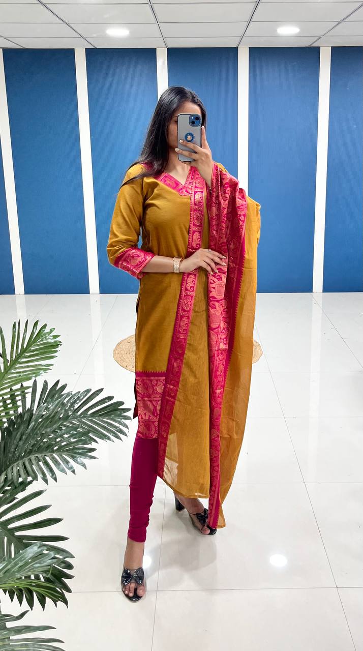 Yellow Cotton Kurta Set with Pink Border – Bold and Beautiful.