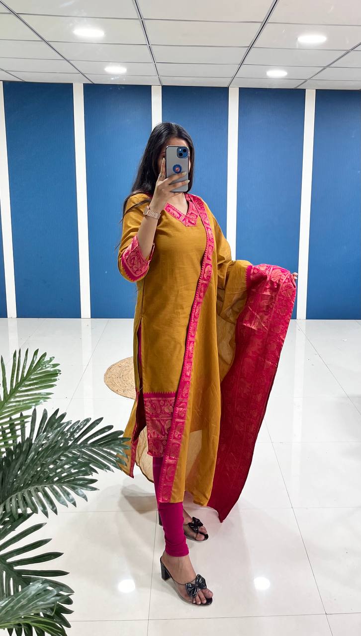 Yellow Cotton Kurta Set with Pink Border – Bold and Beautiful.