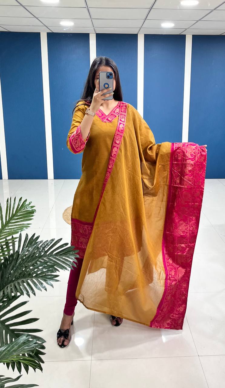 Yellow Cotton Kurta Set with Pink Border – Bold and Beautiful.