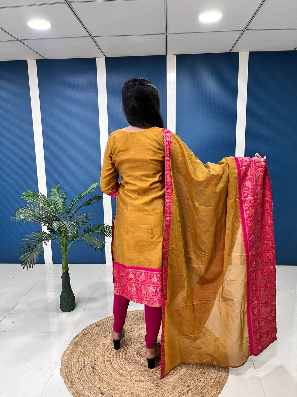 Yellow Cotton Kurta Set with Pink Border – Bold and Beautiful.
