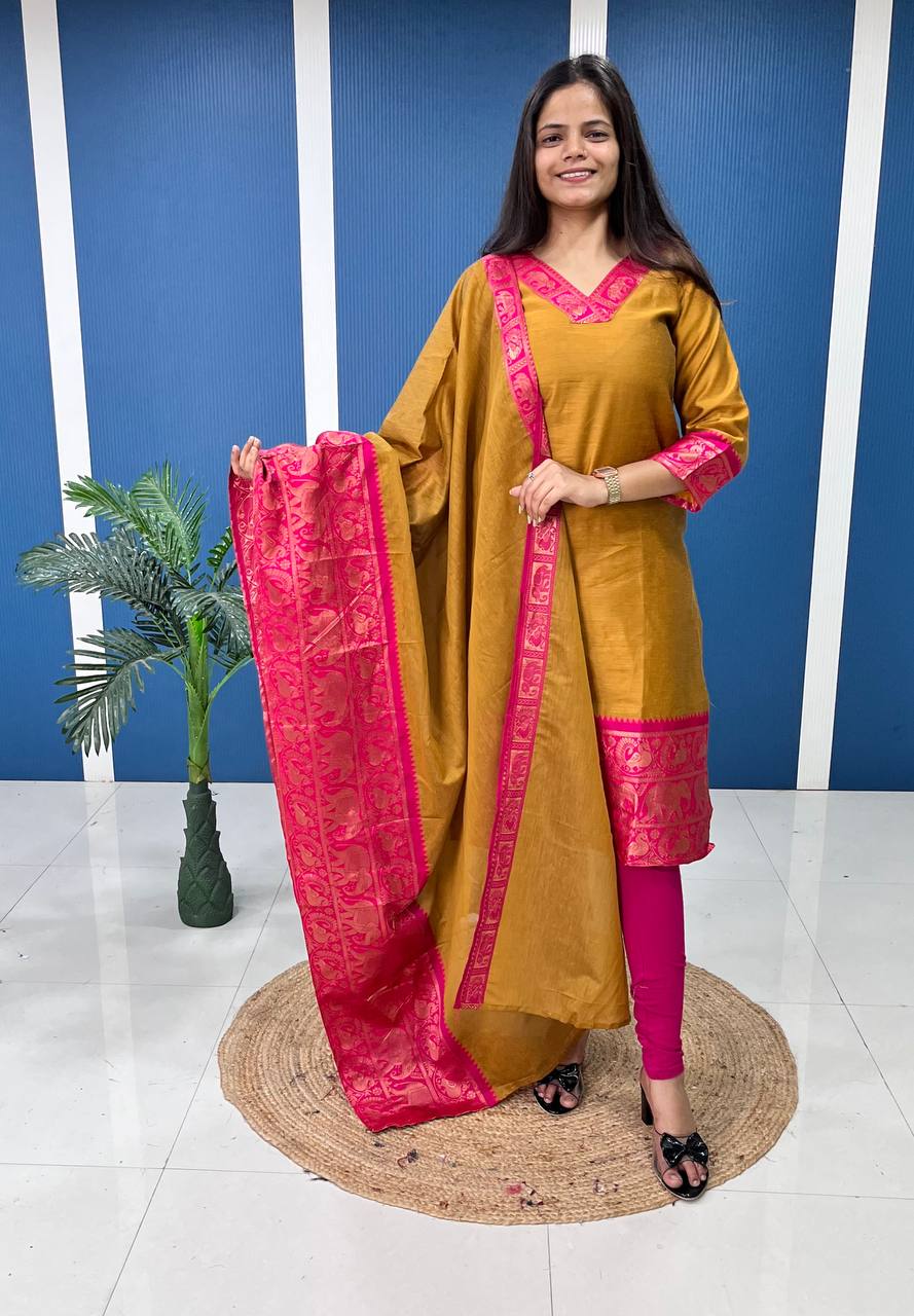 Yellow Cotton Kurta Set with Pink Border – Bold and Beautiful.