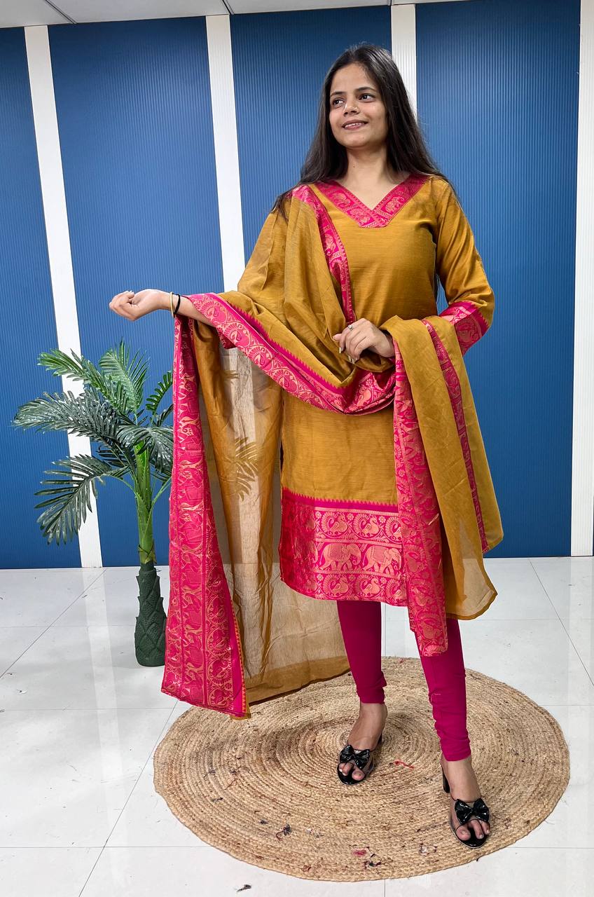 Yellow Cotton Kurta Set with Pink Border – Bold and Beautiful.