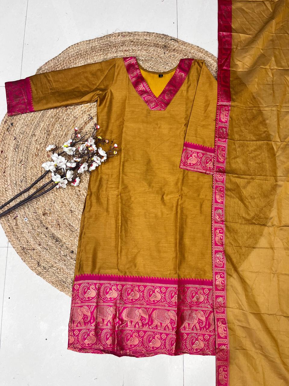 Silk Cotton Kurti and Dupatta Set with Intricate Weaving Work.