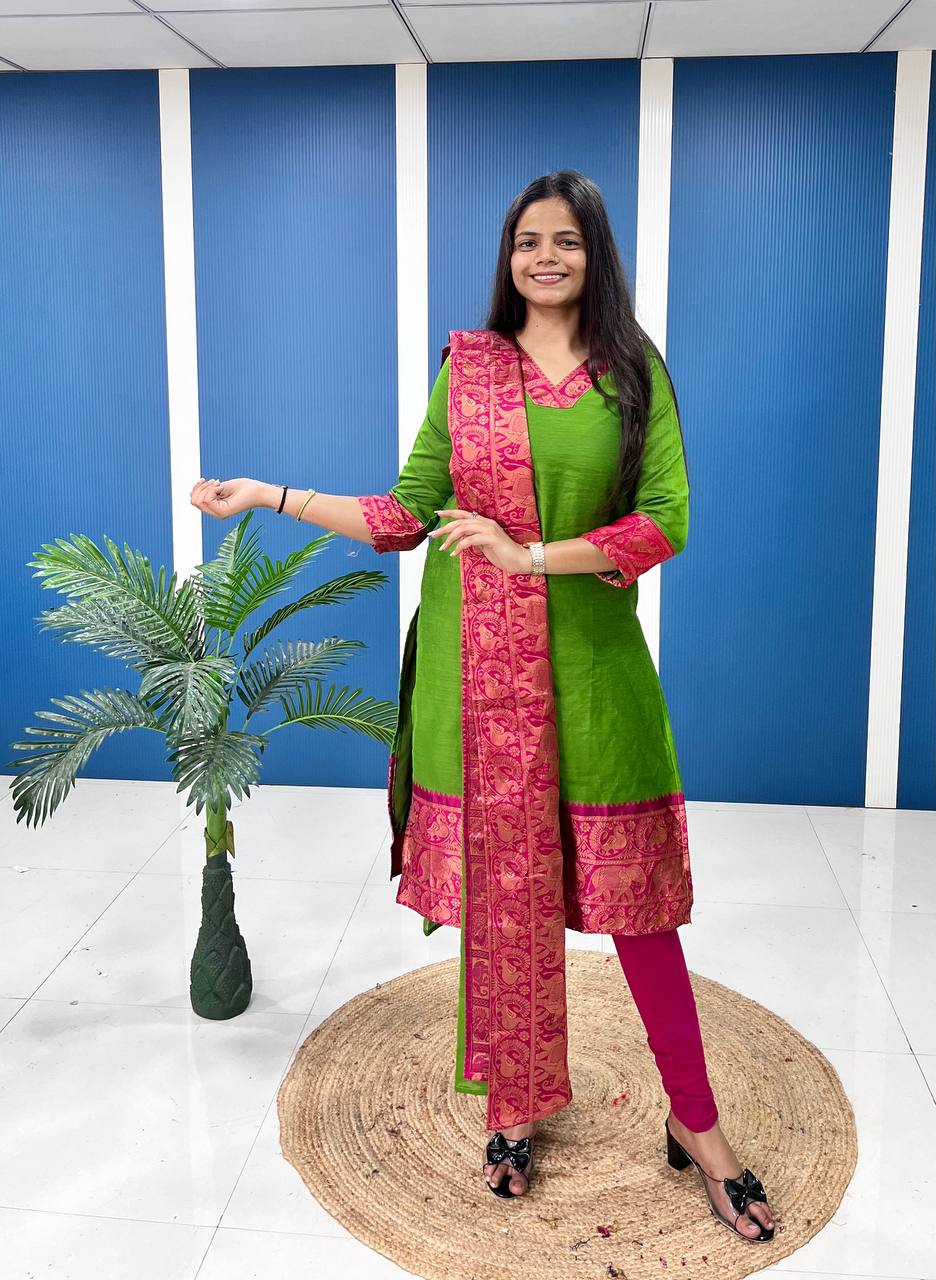 Fresh Light Green Cotton Kurta Set with Pink Tone Border – Graceful and Vibrant
