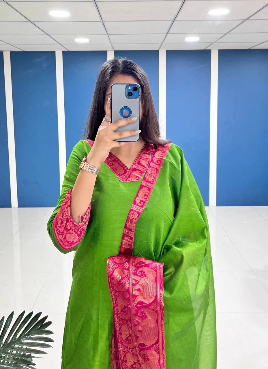 Fresh Light Green Cotton Kurta Set with Pink Tone Border – Graceful and Vibrant
