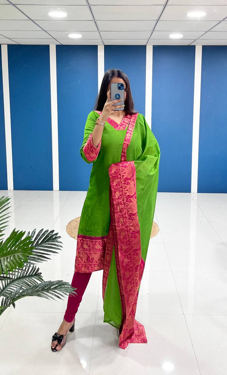 Fresh Light Green Cotton Kurta Set with Pink Tone Border – Graceful and Vibrant