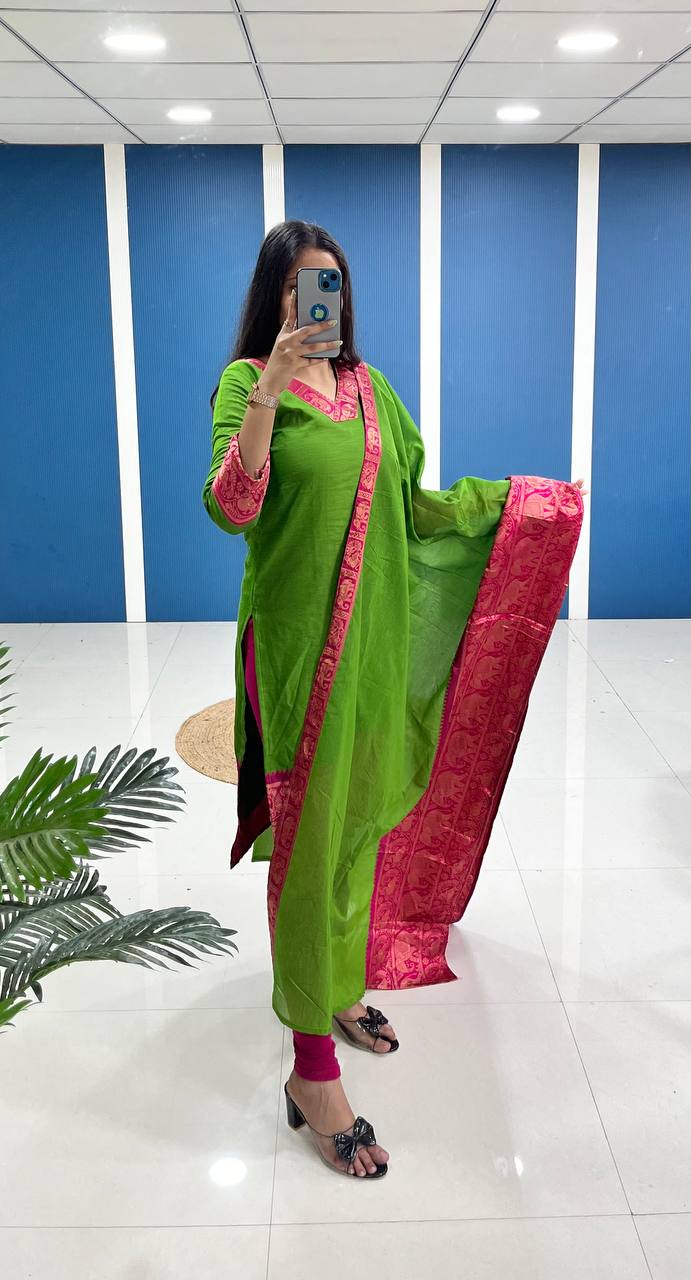 Fresh Light Green Cotton Kurta Set with Pink Tone Border – Graceful and Vibrant