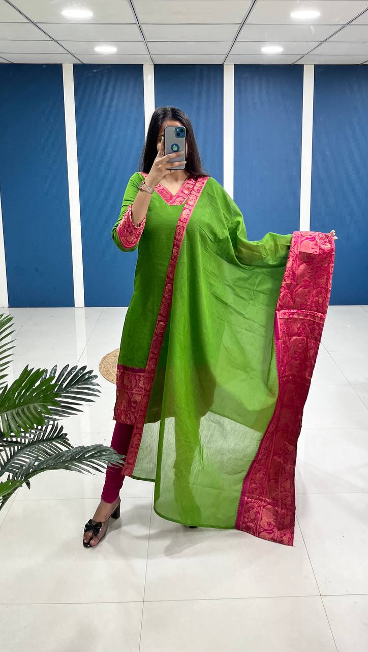 Fresh Light Green Cotton Kurta Set with Pink Tone Border – Graceful and Vibrant