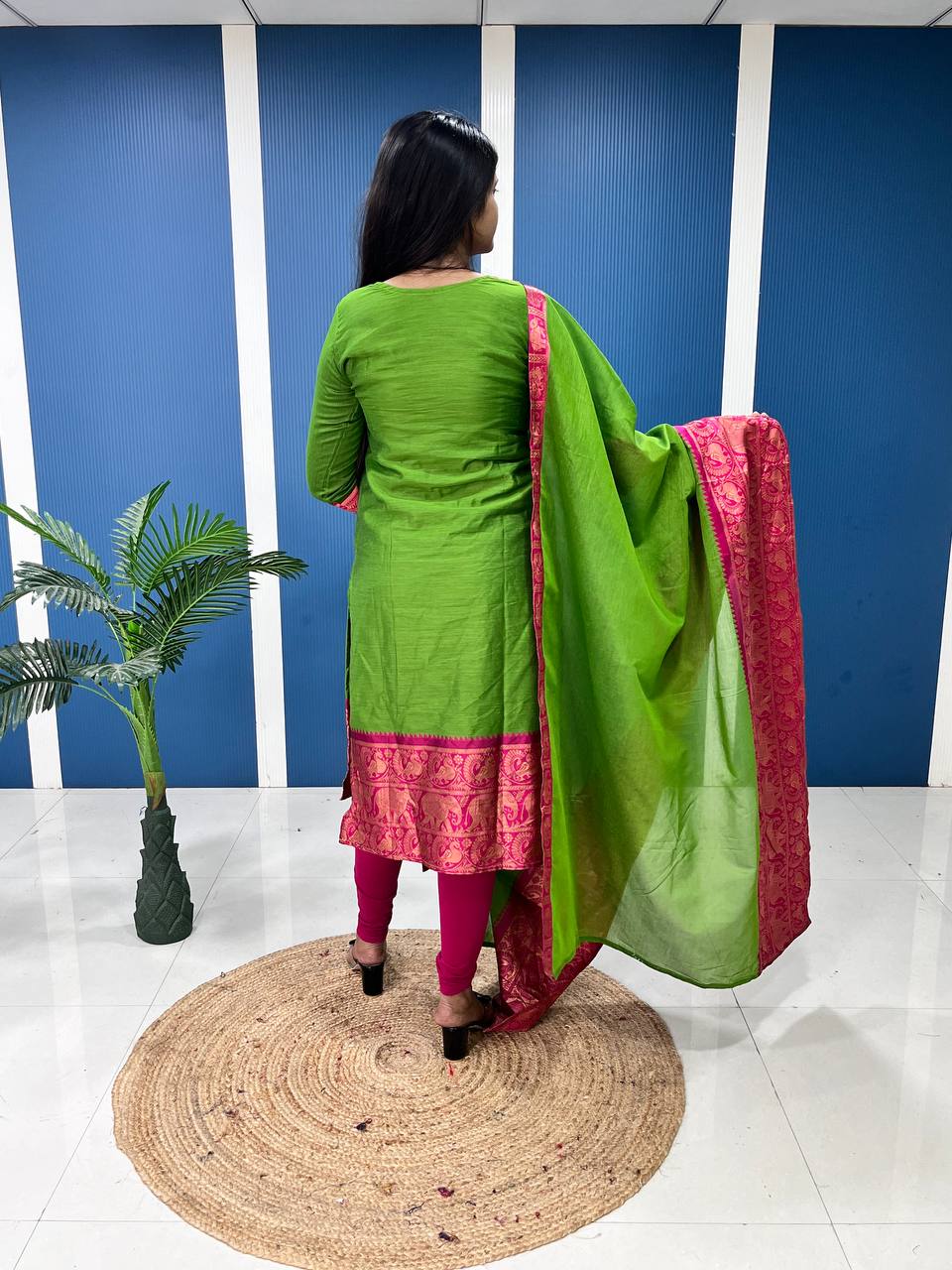 Fresh Light Green Cotton Kurta Set with Pink Tone Border – Graceful and Vibrant