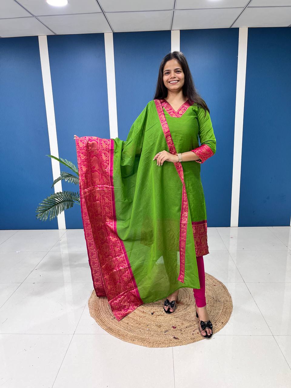 Fresh Light Green Cotton Kurta Set with Pink Tone Border – Graceful and Vibrant
