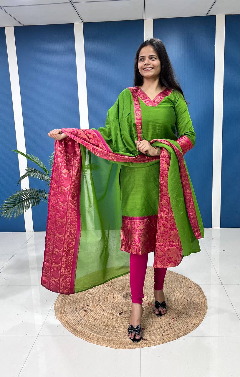Fresh Light Green Cotton Kurta Set with Pink Tone Border – Graceful and Vibrant