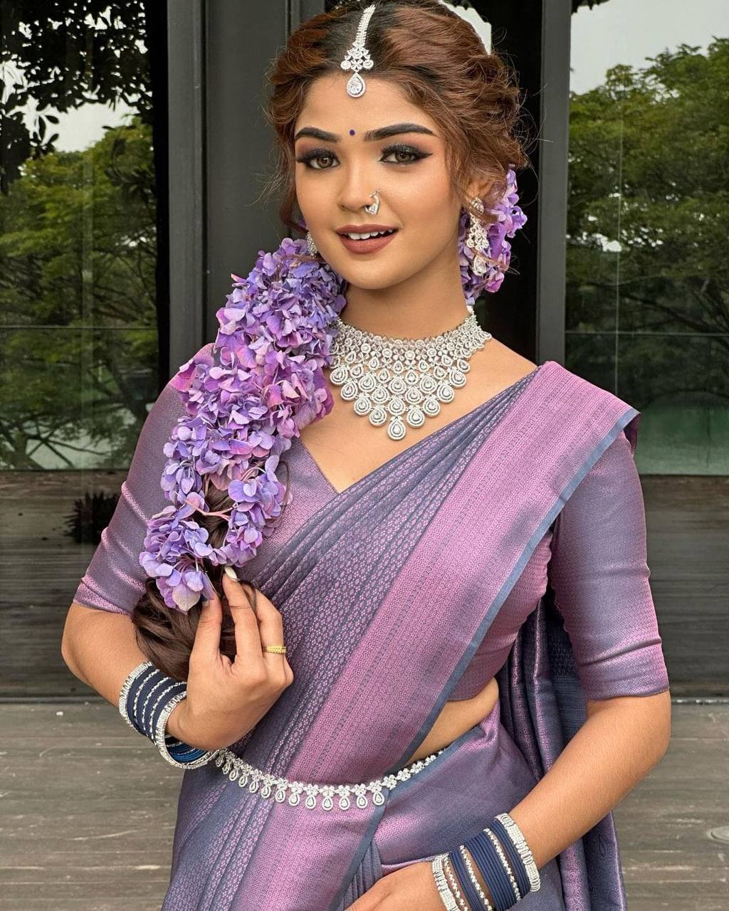 Soft Lichi Silk Saree with Rich Jacquard Border & Contrast Blouse – Perfect for Weddings & Parties