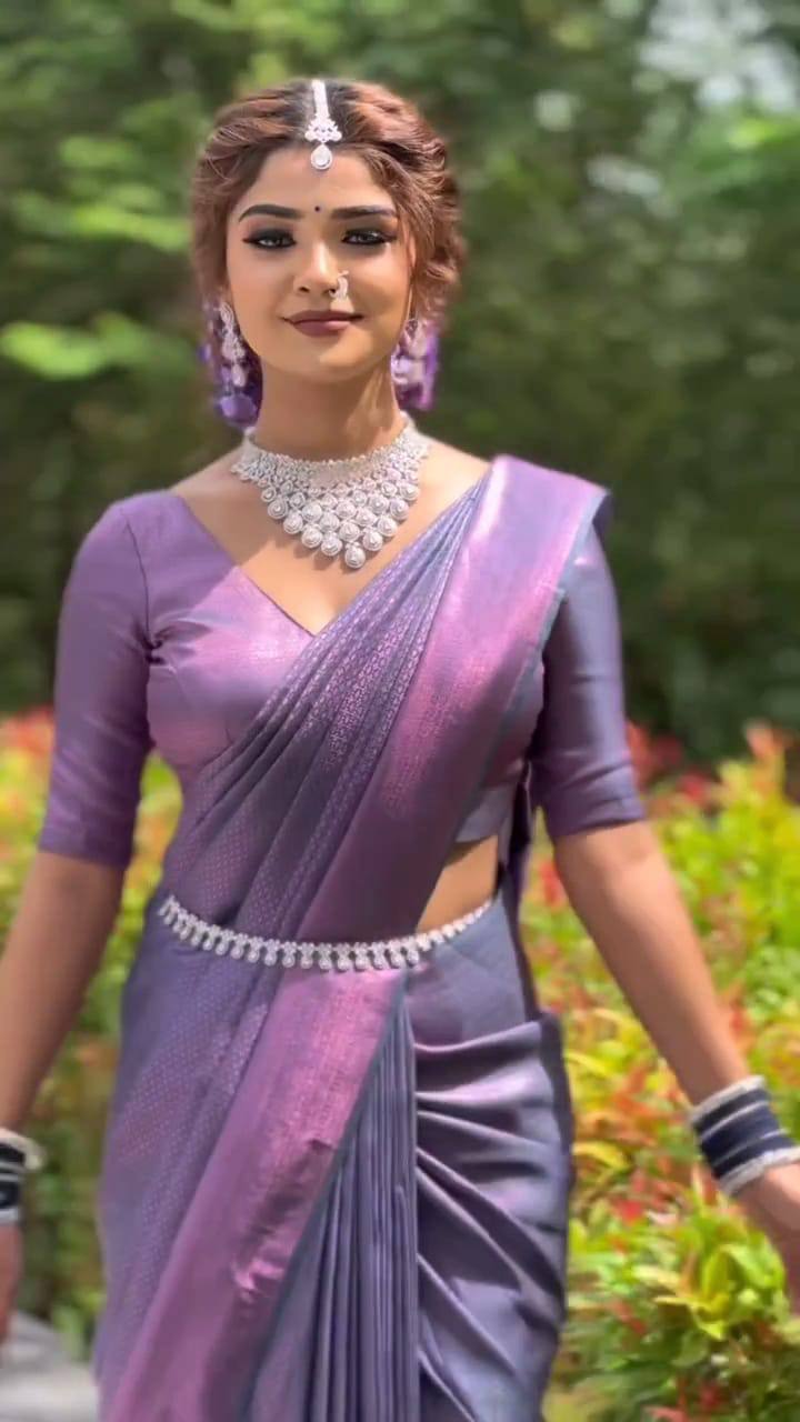 Soft Lichi Silk Saree with Rich Jacquard Border & Contrast Blouse – Perfect for Weddings & Parties