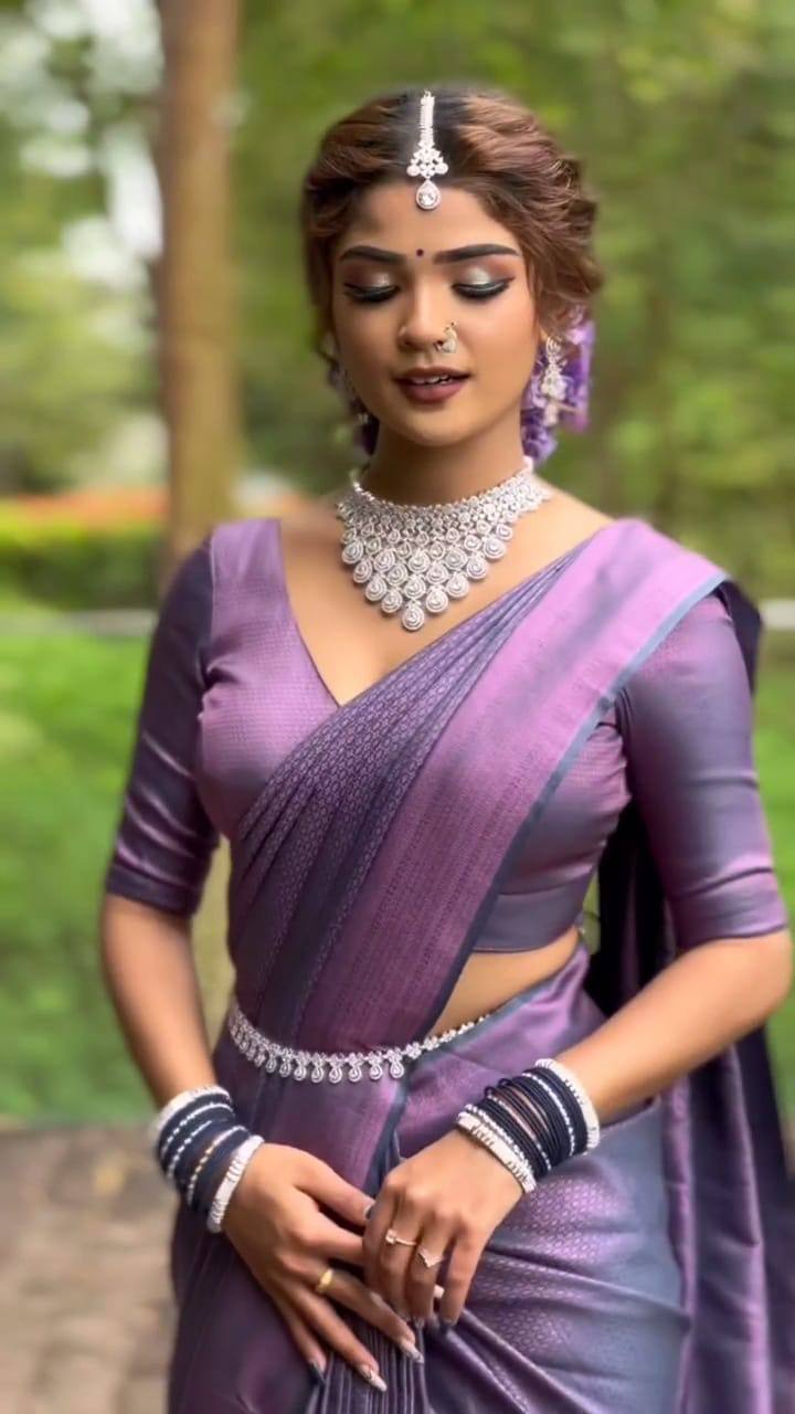 Soft Lichi Silk Saree with Rich Jacquard Border & Contrast Blouse – Perfect for Weddings & Parties