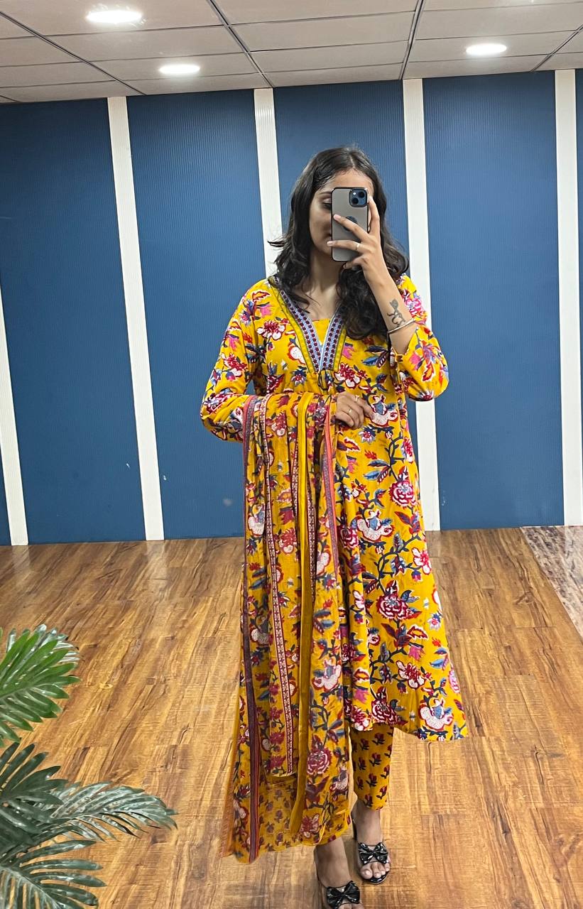New Premium Beautiful Designer Cotton Traditional Kurti With Pant And Dupatta Set Sequence Hand Work On Neck