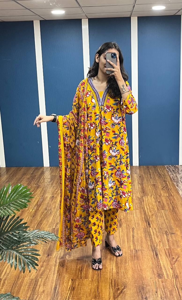 New Premium Beautiful Designer Cotton Traditional Kurti With Pant And Dupatta Set Sequence Hand Work On Neck