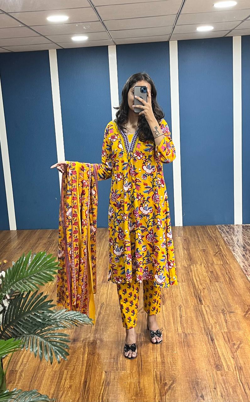 New Premium Beautiful Designer Cotton Traditional Kurti With Pant And Dupatta Set Sequence Hand Work On Neck