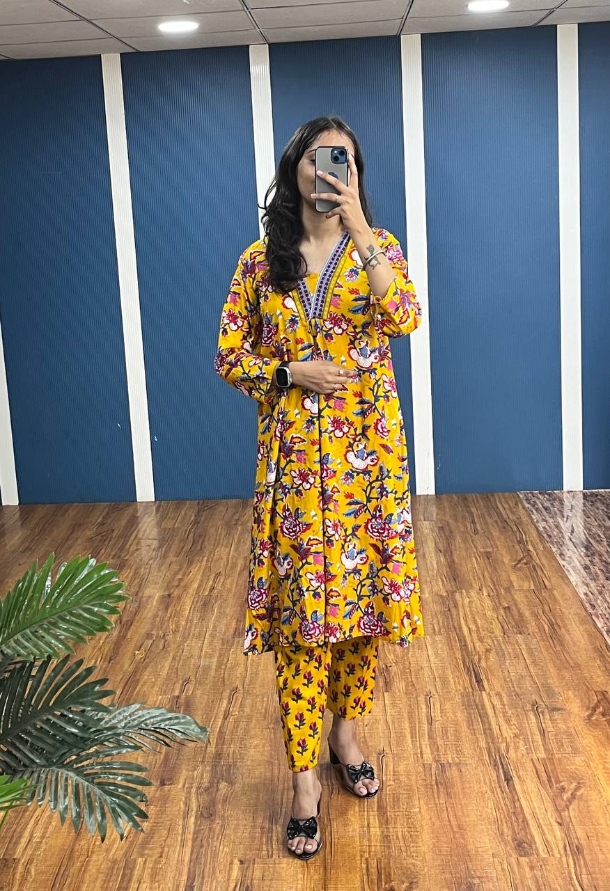 New Premium Beautiful Designer Cotton Traditional Kurti With Pant And Dupatta Set Sequence Hand Work On Neck