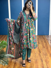 New Premium Beautiful Designer Cotton Traditional Kurti With Pant And Dupatta Set Sequence Hand Work On Neck