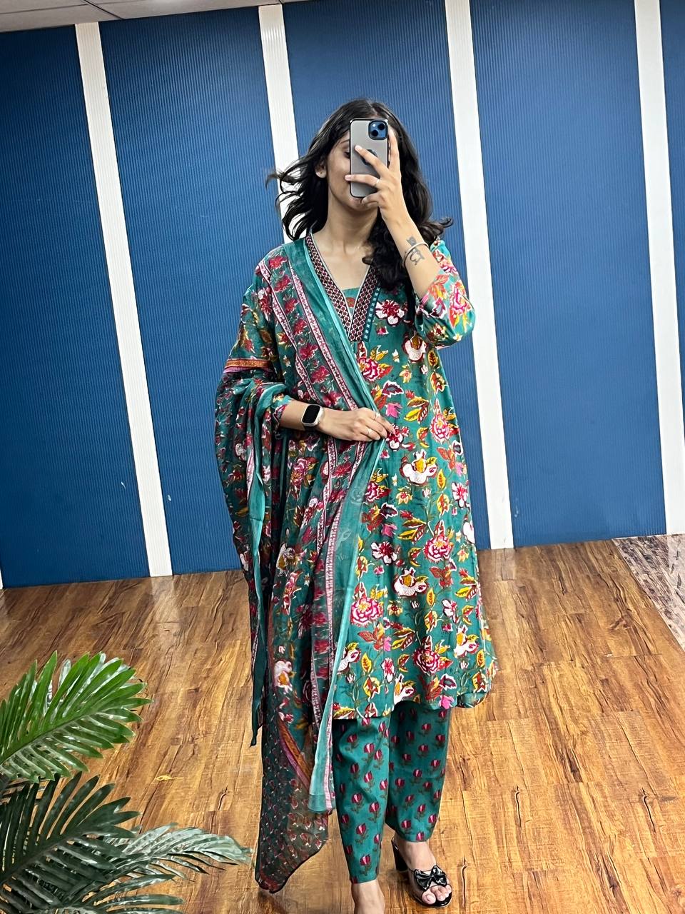 New Premium Beautiful Designer Cotton Traditional Kurti With Pant And Dupatta Set Sequence Hand Work On Neck