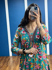 New Premium Beautiful Designer Cotton Traditional Kurti With Pant And Dupatta Set Sequence Hand Work On Neck