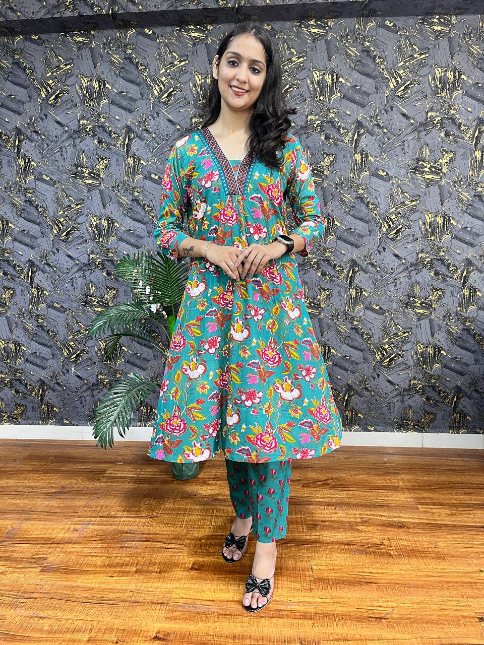 New Premium Beautiful Designer Cotton Traditional Kurti With Pant And Dupatta Set Sequence Hand Work On Neck