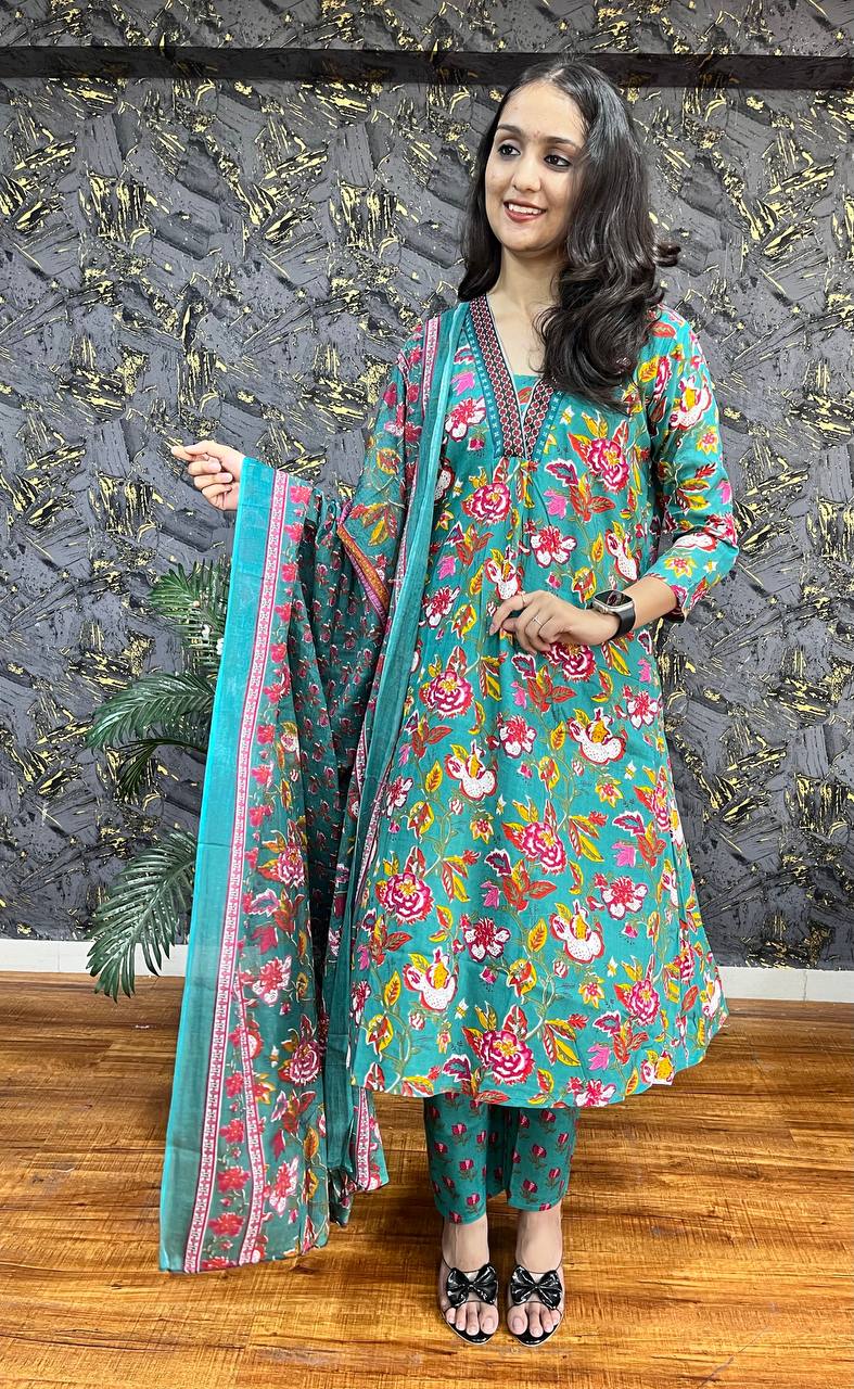 New Premium Beautiful Designer Cotton Traditional Kurti With Pant And Dupatta Set Sequence Hand Work On Neck