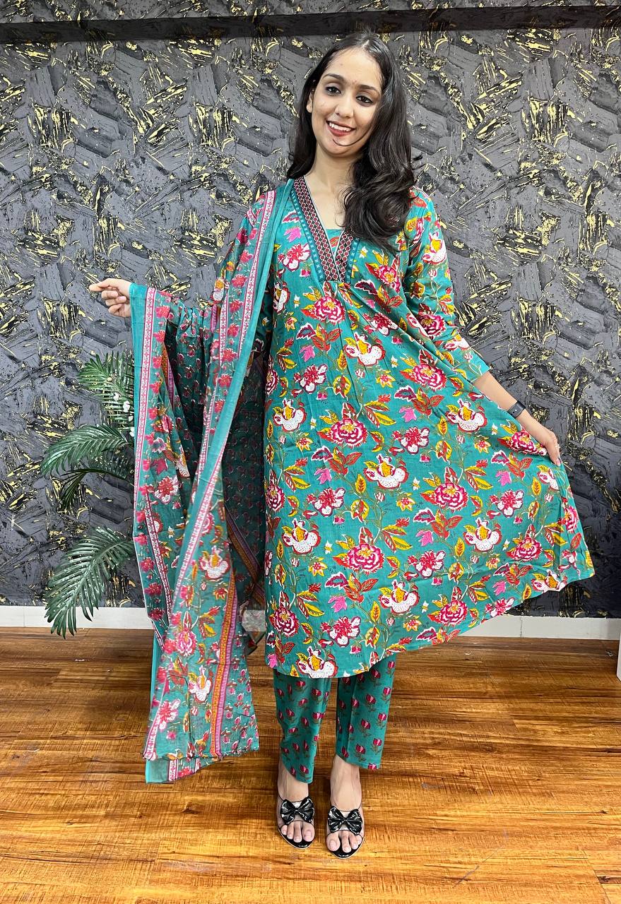 New Premium Beautiful Designer Cotton Traditional Kurti With Pant And Dupatta Set Sequence Hand Work On Neck