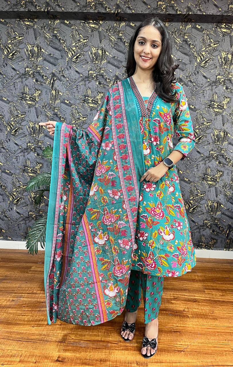 New Premium Beautiful Designer Cotton Traditional Kurti With Pant And Dupatta Set Sequence Hand Work On Neck