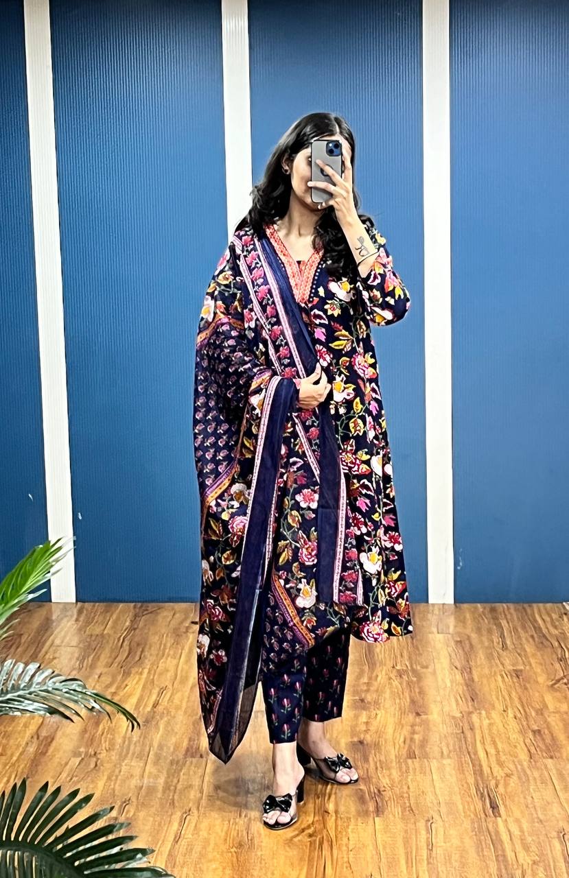 New Premium Beautiful Designer Cotton Traditional Kurti With Pant And Dupatta Set Sequence Hand Work On Neck