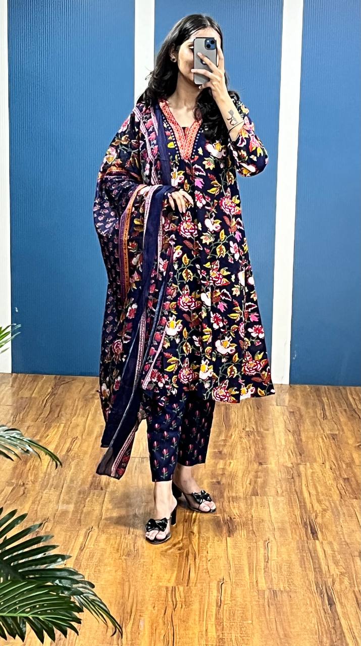 New Premium Beautiful Designer Cotton Traditional Kurti With Pant And Dupatta Set Sequence Hand Work On Neck