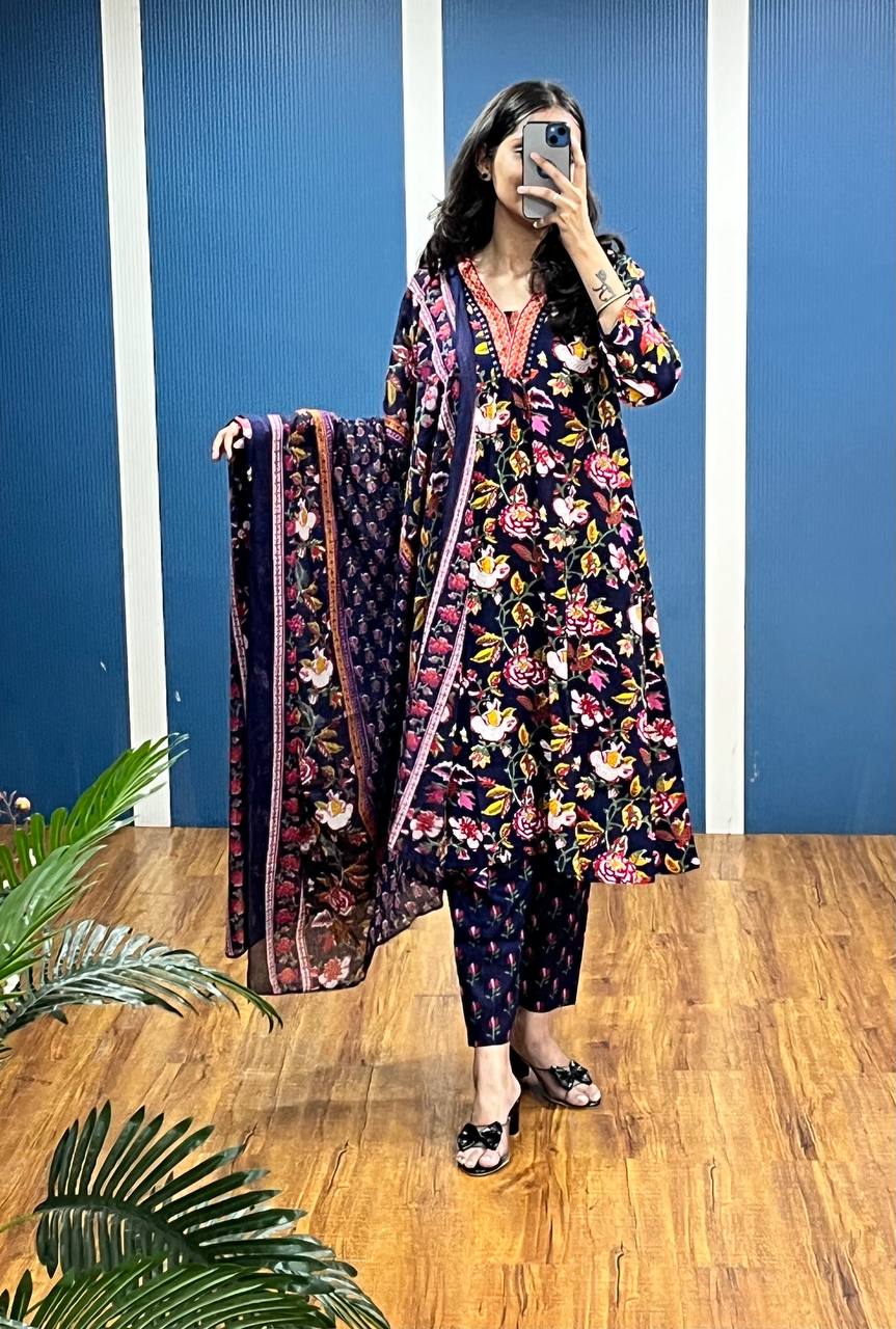 New Premium Beautiful Designer Cotton Traditional Kurti With Pant And Dupatta Set Sequence Hand Work On Neck