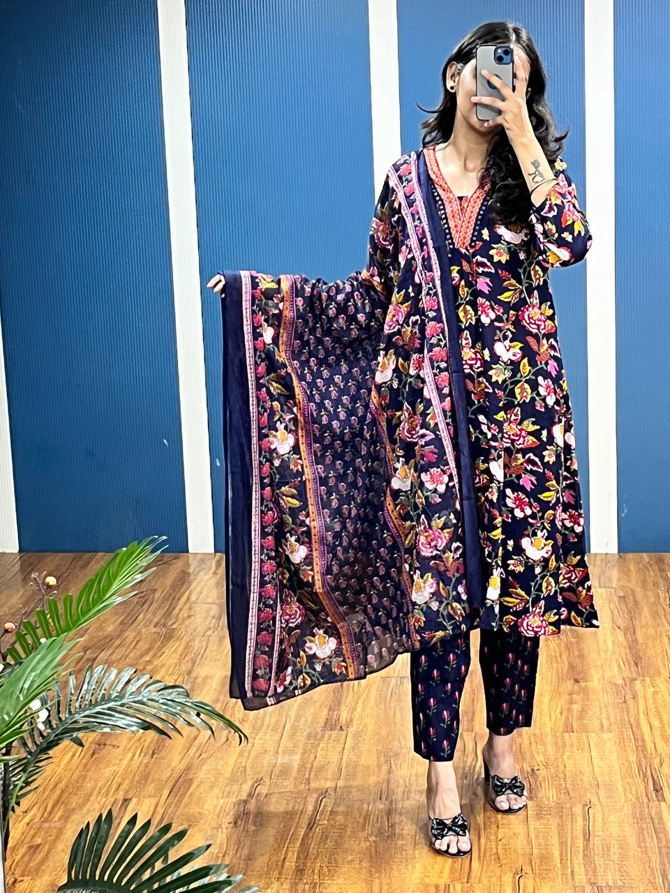 New Premium Beautiful Designer Cotton Traditional Kurti With Pant And Dupatta Set Sequence Hand Work On Neck