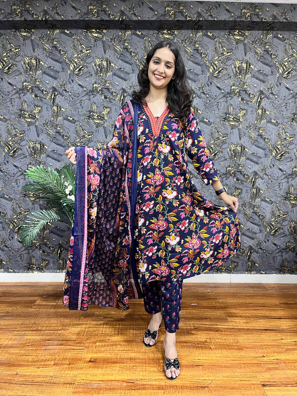 New Premium Beautiful Designer Cotton Traditional Kurti With Pant And Dupatta Set Sequence Hand Work On Neck