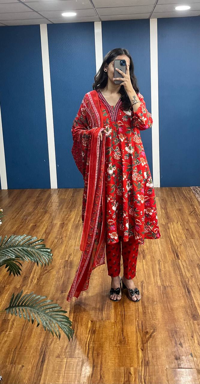 New Premium Beautiful Designer Cotton Traditional Kurti With Pant And Dupatta Set Sequence Hand Work On Neck