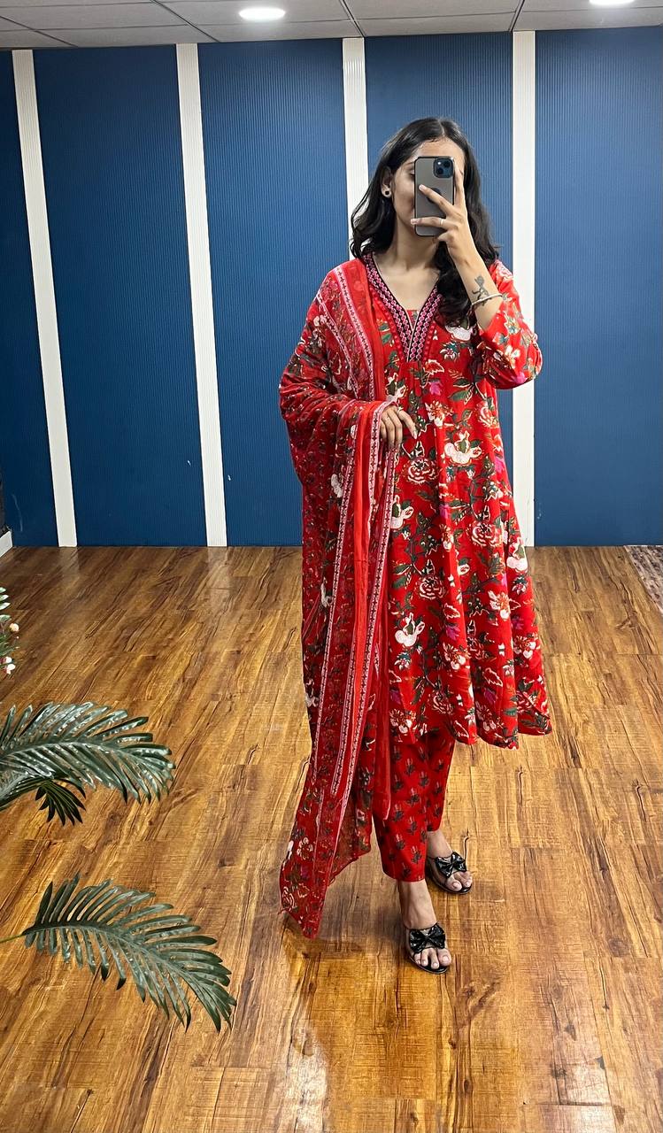New Premium Beautiful Designer Cotton Traditional Kurti With Pant And Dupatta Set Sequence Hand Work On Neck