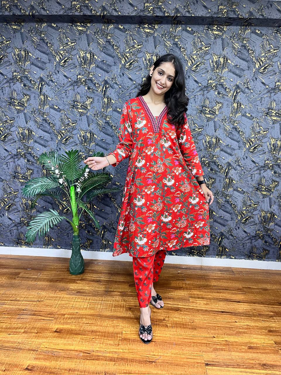New Premium Beautiful Designer Cotton Traditional Kurti With Pant And Dupatta Set Sequence Hand Work On Neck