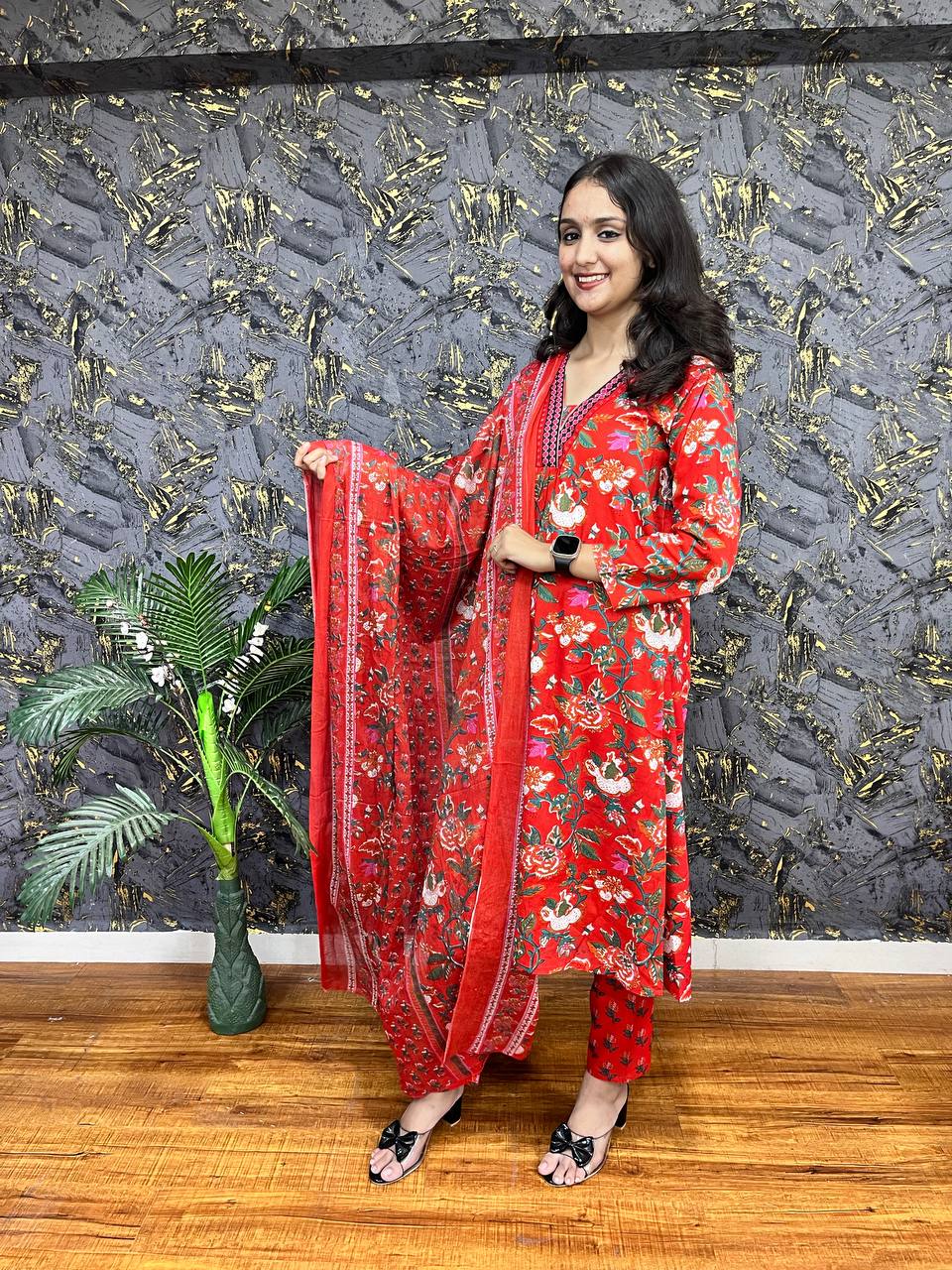 New Premium Beautiful Designer Cotton Traditional Kurti With Pant And Dupatta Set Sequence Hand Work On Neck