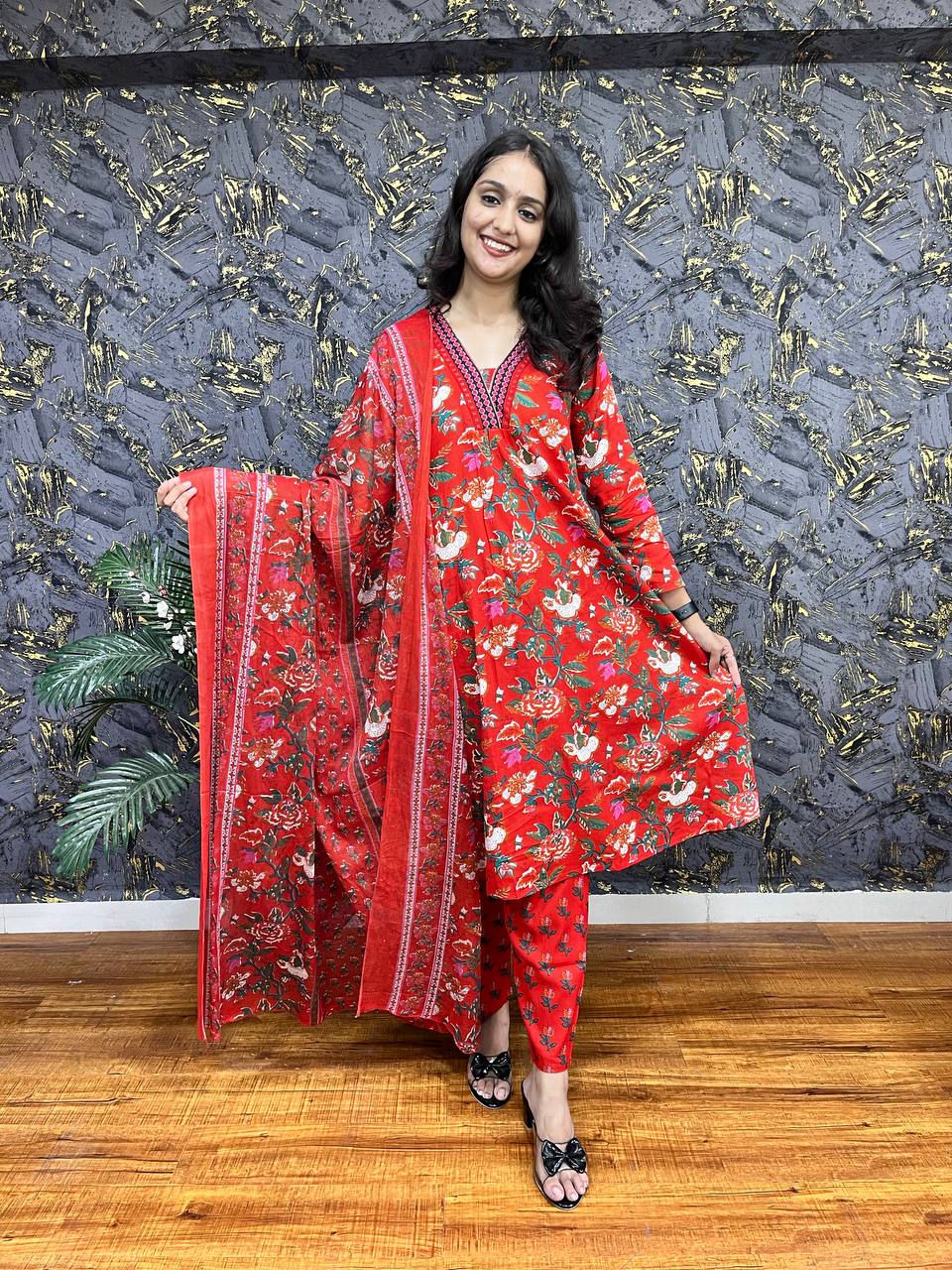 New Premium Beautiful Designer Cotton Traditional Kurti With Pant And Dupatta Set Sequence Hand Work On Neck