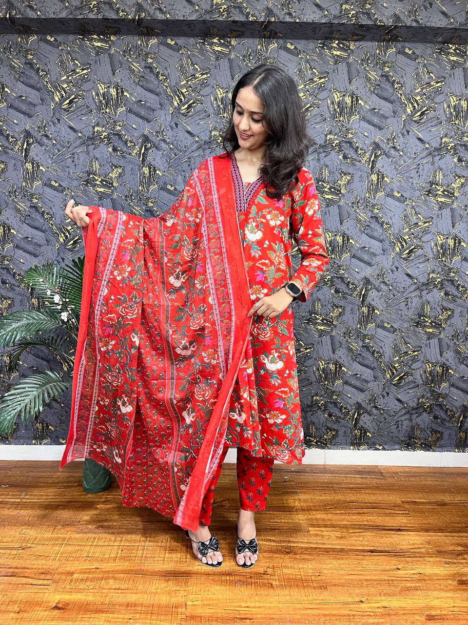 New Premium Beautiful Designer Cotton Traditional Kurti With Pant And Dupatta Set Sequence Hand Work On Neck