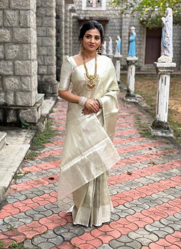 Nayanthara Trending White Color Tissue Bridal Sarees
