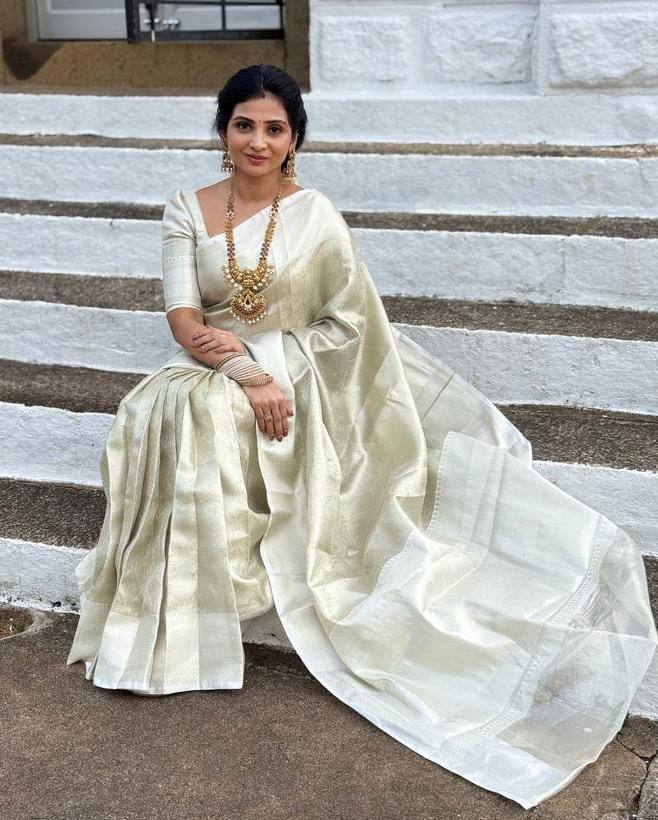 Nayanthara Trending White Color Tissue Bridal Sarees