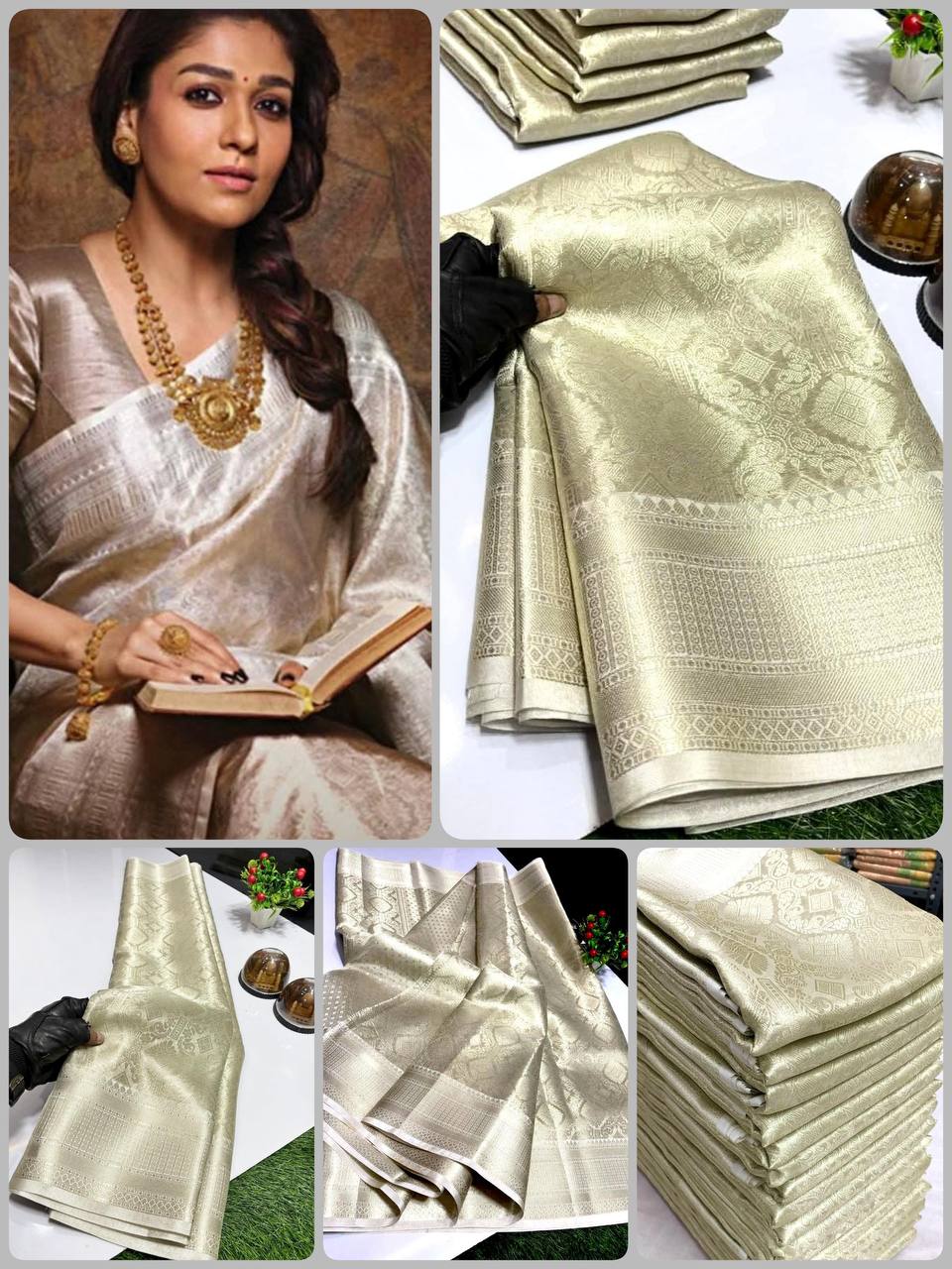 Nayanthara Trending White Color Tissue Bridal Sarees